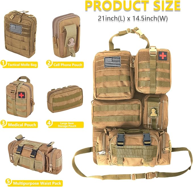 Universal Tactical Car Seat Back Organizer Bag Tactical Molle Vehicle Organizers Panel Vehicle Protector Organizers with 5 Detachable Pouches for Car Truck Ford Jeep (Khaki) - Image 2