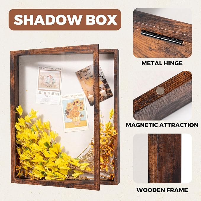 Muzilife 16x20 Shadow Box Picture Frame, 2.16 Deep, Real Glass, Honey Brown | FSC-Wood, Magnetic Door, Linen Interior & Pins, Vertical, Horizontal Wall Hanging, Display Case Frame for Photos & Keepsakes - Image 5