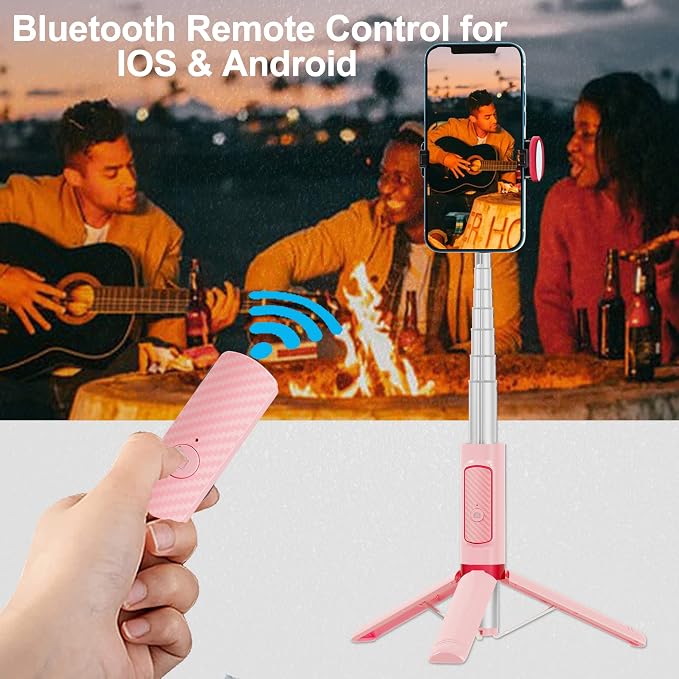 Selfie Stick, Foldable Cellphone Tripod with Remote, Travel Tripod for iPhone Series Android, Video Recording - Pink - Image 6