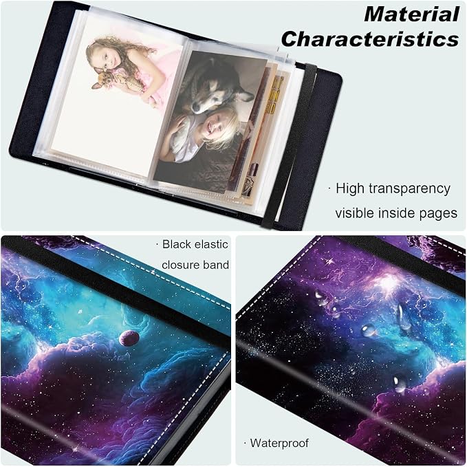 Small Photo Album 5x7, 60 Pockets Holds 120 Photos, Slip-in Pocket Photo Album with Black Elastic Band for Family Wedding Baby Travel Pictures, A Blue And Purple Space - Image 5