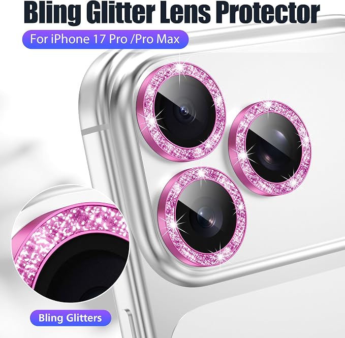 AGVEE 3+3 6 Pack for iPhone 17 Pro & Max Camera Lens Protector Cover | Individual Bling Diamond & Bling Glitter Sparkle Cute Gem Metal Ring, 9H Tempered HD Glass - Image 5
