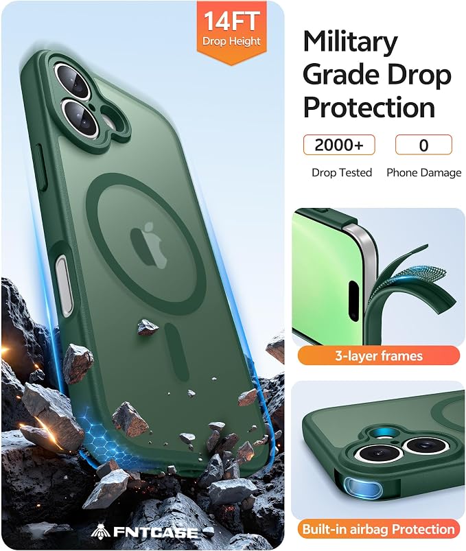 FNTCASE for iPhone 16 Case, Fit for Magsafe, Screen Protector, Green | Full Camera Protection, Translucent Matte, 14FT Military Grade Drop Proof, Shockproof Protective Phone Cover - Image 5