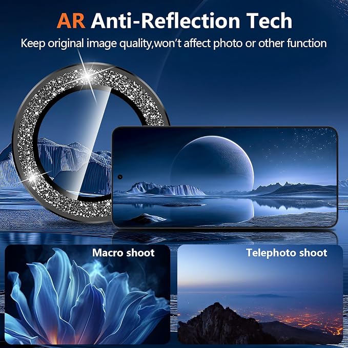 for Samsung Galaxy Z Flip 8 Camera Lens Protector, Individual Metal Ring Tempered Glass Lens Cover, [Strong Adsorption] Scratch Resistant Ultra-Thin HD Clear Lens Cover, 1 Set-Black Sparkly - Image 3
