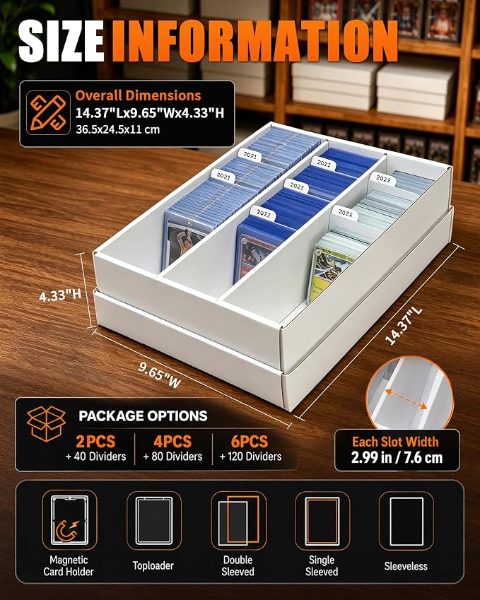 QINGUANG 6 Pack Trading Card Toploader Storage Box Cardboard 3 Rows | for MTG/TCG/PTCG Sports Card Colletion | with Dividers | Holds 3000+ Raw Cards | 600+Toploader | 200+ Magnetic Holders - Image 2