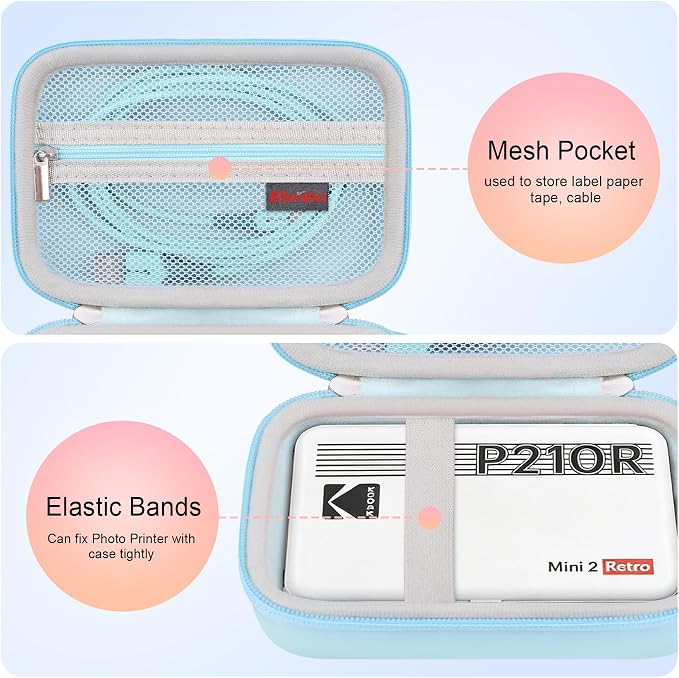 Elonbo Carrying Case for KODAK Mini 2 Retro 2x3 Portable Photo Printer | Bluetooth Smartphone Instant Color Printer Hard Travel Protective Bag, Mesh Pocket fits Cartridge Photo Paper Sheets, Blue - Image 3