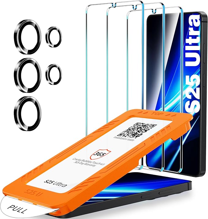 firtstnow 3 Pack for Samsung Galaxy S25 Ultra Screen Protector Tempered Glass + 1 Pack Camera Lens Protector, Military Grade Shatterproof, 9H Hardness, Fingerprint Unlock,Case Friendly 6.9 Inch by Unknown