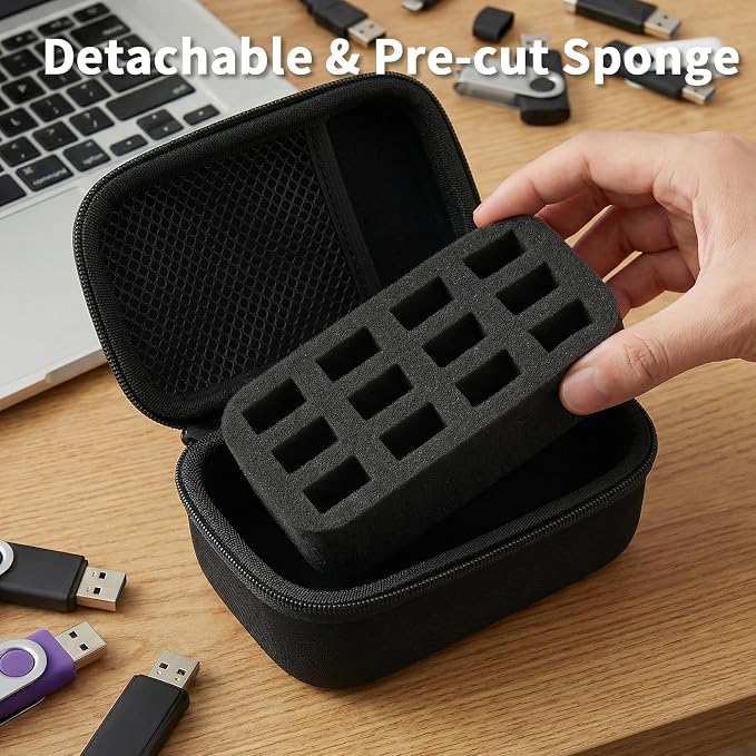 Comecase 12-Slot USB Flash Drive Case with Carabiner and SD Card Pocket | Hard Shell and Removable Foam Cushion Drives Against Drops for Work, School and Travel, Jet Black, Small, Case Only - Image 5