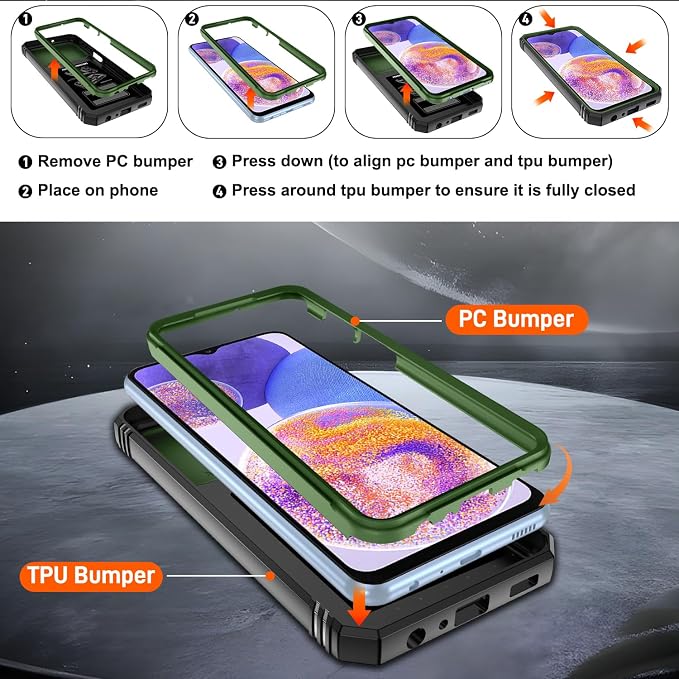 Gritup for Galaxy A23 5G Case Military-Grade Shockproof with Kickstand | (   ) with 2 PCS Screen Protector, Slide Camera Cover, Heavy Duty Funda para A 23 5G Cover, Green+Black - Image 3
