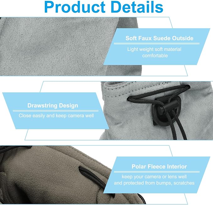 PATIKIL Camera Lens Pouch, S Size Drawstring Lens Case Flannel Camera Lens Handbag Camera Bag with Adjustable Shoulder Strap for DSLR Camera Lens, Grey - Image 3