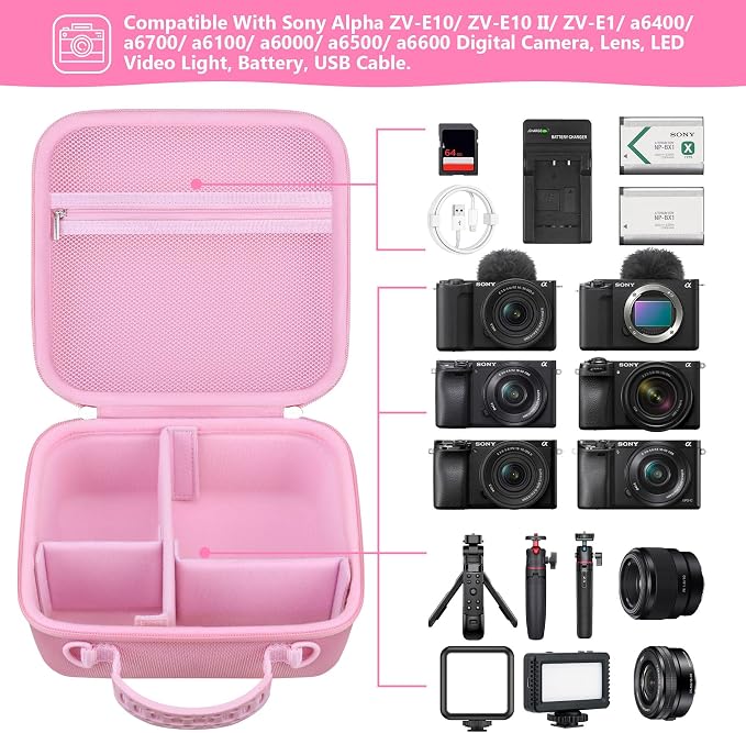 Carrying Case for Sony Alpha ZV-E10/ ZV-E10 II/ZV-E1/ a6400/ a6700/ a6100/ a6000/ a6500/ a6600 Digital Camera, Vlog Camera Kit Storage Holder Fits Tripod, Lens, LED Video Light, Battery, Pink - Image 2