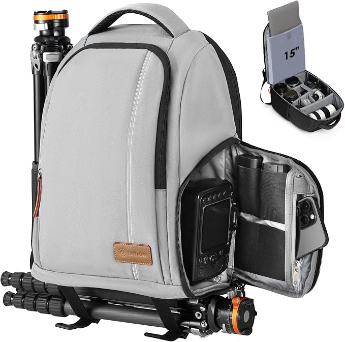 TARION Camera Backpack for Photographers Compact 15L, TB04 Grey | 15 Inch Laptop Compartment, Side Access Quick Draw, Anti-theft Hidden Pocket, Tripod Holder, Rain Cover, Travel-Friendly by TARION