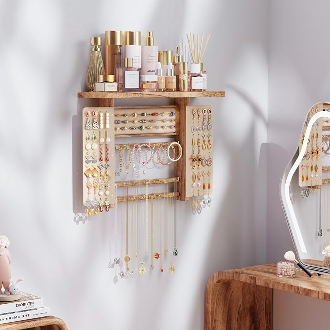 Emfogo Jewelry Organizer Hanging Wall Mounted Jewelry Holder, 5-in-1 Large Capacity Necklace Organizer Display for Ring, Necklaces, Bracelets, Earrings (Rustic Wood) - Image 7