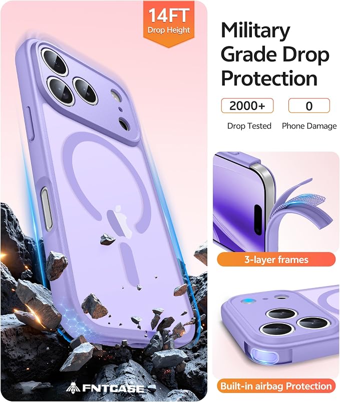 FNTCASE for iPhone 17 Pro Max Case, Fit for Magsafe, Screen Protector | Full Camera Protection, Translucent Matte, 14FT Military Grade Drop Proof, Shockproof Protective Phone Cover, Light Purple - Image 5