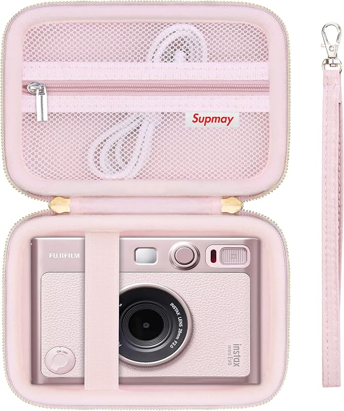 Carrying Case Compatible with Instax Mini EVO Instant Camera, INSTAX MINI EVO Camera Storage Holder Travel Bag with Mesh Pocket for Photos, USB Cables, Film, Pink by Supmay