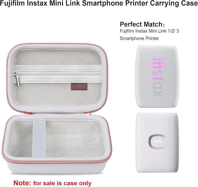 Elonbo Carrying Case for Fujifilm INSTAX Mini Link 3/2/1 Smartphone Printer | Portable Color Instant Photo Printer Hard Travel Protective Bag, Interior Mesh Pocket fits Instant Film Printer Paper, White - Image 2