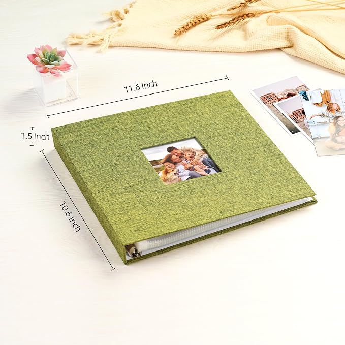 Mublalbum 10x10 Inch 3 Ring DIY Scrapbook Photo Album 80 Pages, Green | 3 Ring Binder Scrapbook, Linen Cover, 40 Plastic Sleeves 80 Pages, Memory Book for Wedding, Baby, Family, DIY Projects - Image 2