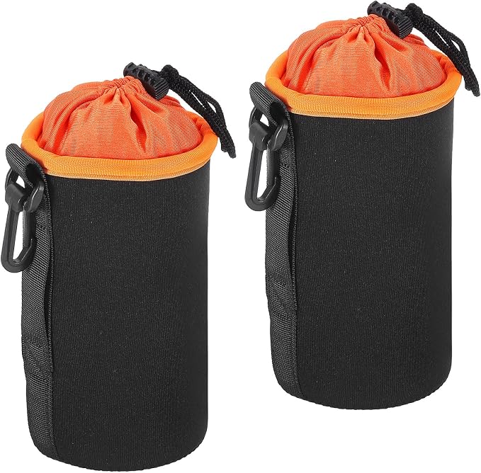 PATIKIL Camera Lens Bag, 2 Pcs 3.7" ID x 7.1" H Cylindrical Drawstring Lens Pouch with Thick Protective Neoprene, Lens Case for DSLR Camera Lens, Water Coffee Cups Black, Orange by PATIKIL