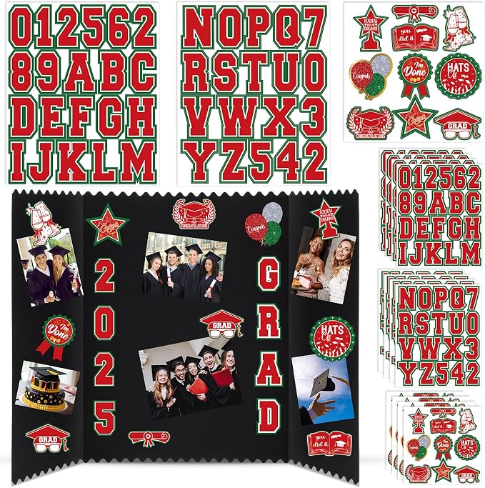 Glenmal Red White Green 14 Sheets Graduation Photo Display Board Sticker Class of 2026 Picture Display Stickers Accessories for 2026 Grad Party College Board Photo Frame Decor (12x10inch,8.3x8.3inch) by Glenmal