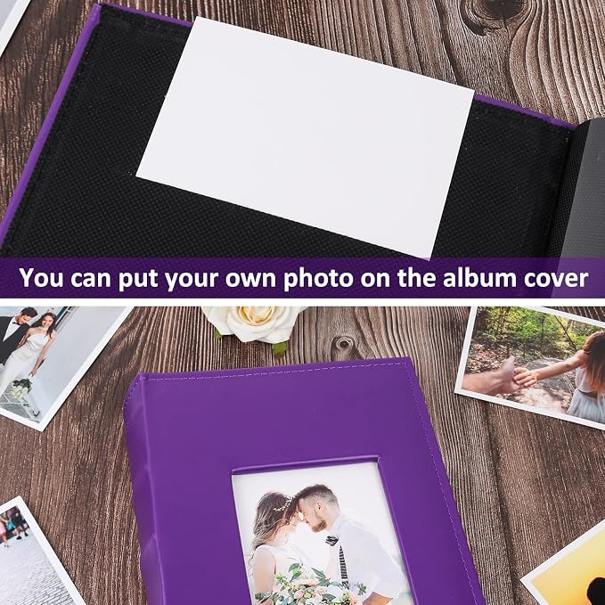 RECUTMS 6x4 Premium Leather Photo Album with 300 Pockets, Purple | Black Inner Page, Horizontal Pockets, Small Album for Family, Birthday Christmas Anniversary Picture Book, DIY Cover Window - Image 6