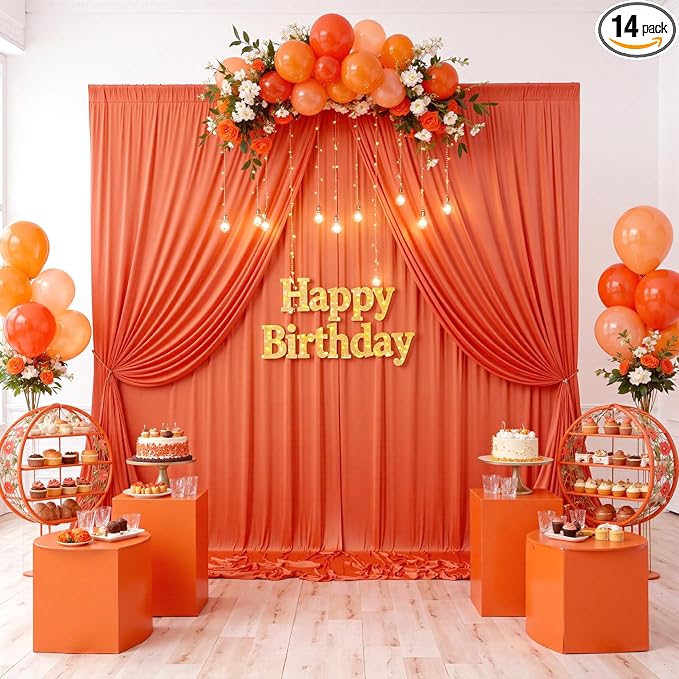20ftx10ft Wrinkle Free Orange Backdrop Curtains for Parties, Silky Polyester Photo Backdrop Drapes 4 Panels 5x10ft Back Drop Cloth for Wedding Birthday Baby Shower Photography Background by ENJOYYOURPARTY