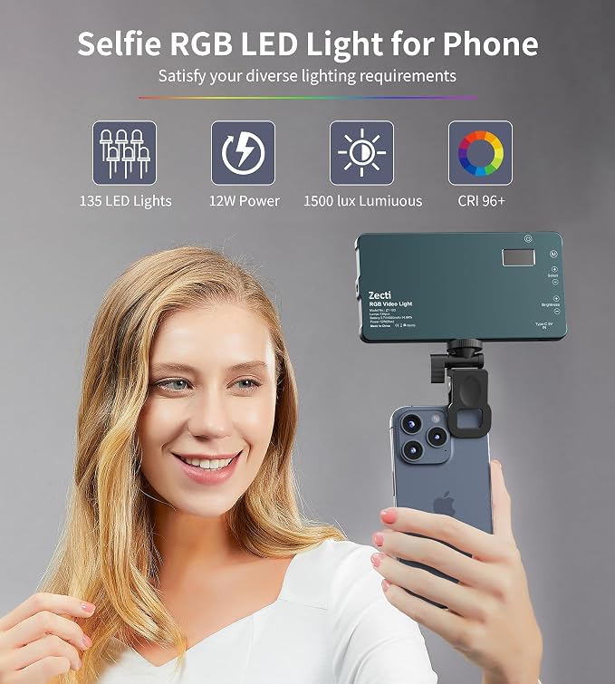 Zecti 135 LED Selfie Camera Phone Light with Metal Hotshoe & Clip | 4000mAh CRI 96+ RGB Video Light, 2500K-9900K 21 Scenes Portable Camera Light for TikTok,Content Creator,12W Max Output Power - Image 2