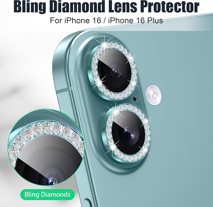 AGVEE 3+3 6 Pack for iPhone 16/16 Plus Camera Lens Protector Cover | Individual Bling Diamond & Bling Glitter Sparkle Cute Gem Metal Ring, 9H Tempered HD Glass - Image 4
