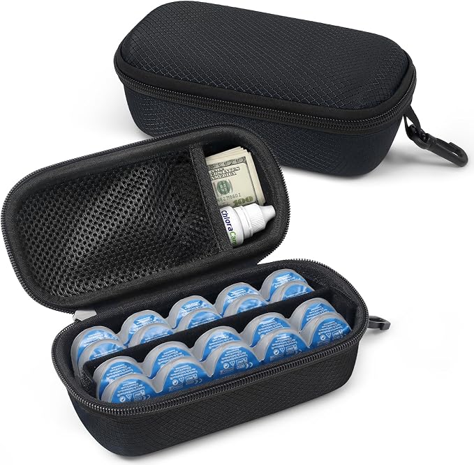 WOMACO Daily Contact Lens Case, Hard Shell Portable Contact Lens Travel Box for Disposable Daily Lenses, Left Right Separated Contact Lens Storage Organizer with Mesh Pocket (Black, for 40 pieces) by WOMACO