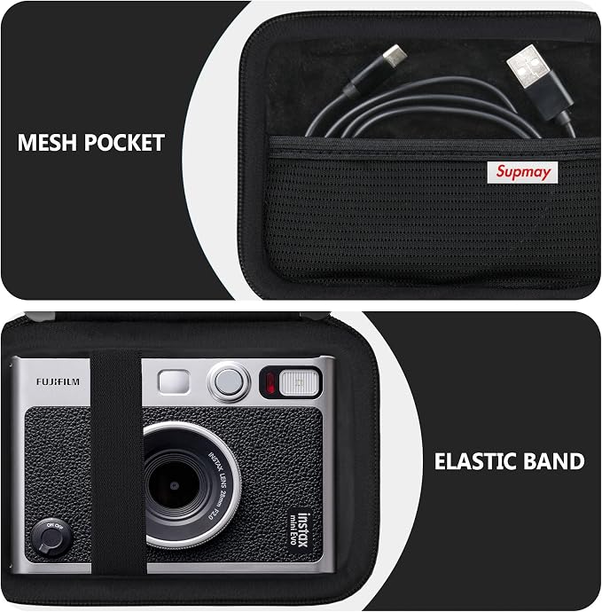 Carrying Case Compatible with Fujifilm Instax Mini EVO Instant Camera, INSTAX MINI EVO Camera Storage Holder Travel Bag with Mesh Pocket for Photos, USB Cables, Film, Black - Image 4
