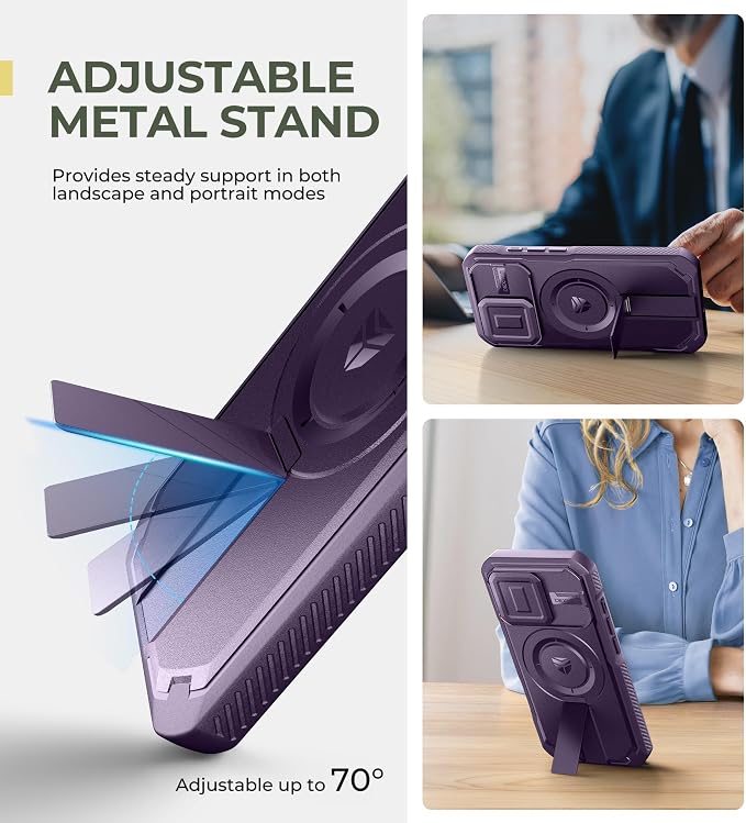 Dexnor for iPhone 16 Pro Case with Slide Camera Cover & Adjustable Kickstand, Magnetic Rugged Shockproof Bumper Cases Heavy-Duty Mangetic Protective Cover,Phantom Purple - Image 5
