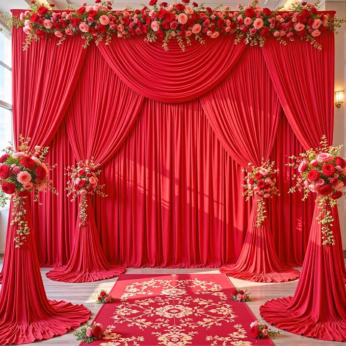 10 Panels Red Backdrop Curtains for Wedding Party Wrinkle Free Backdrops Curtain Drapes Fabric Decorations Photo Back Drop Cloth for Baby Shower Photography Stage Reception 50ft(W) x 12ft(H) - Image 3