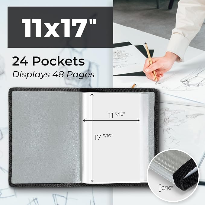 Dunwell 11x17 Art Portfolio Binder, 24-Sleeve, Black Mounting Paper, Silver | 24 Clear Sleeves, Displays 48 Pages, Black Mounting Paper Included, Artwork Storage, Acid-Free Poly Protection - Image 2