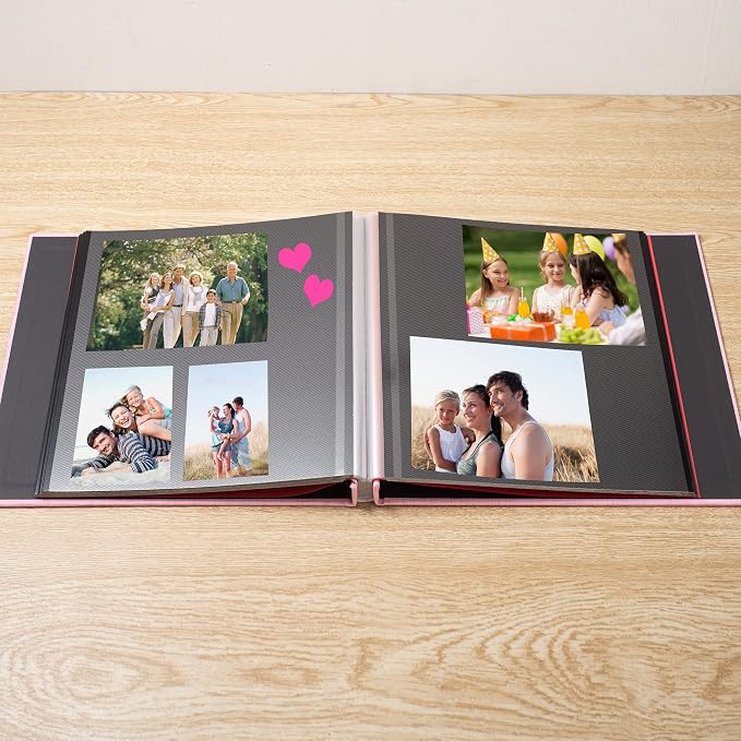Large Photo Album Self Adhesive 4x6 8x10 10x12 13"x12.6" Scrapbook Album 12.6"x11" Inch 60 Black Sticky Pages Linen Cover Magnetic Photo Album with A Metallic Pen and DIY Stickers(Pink) - Image 3