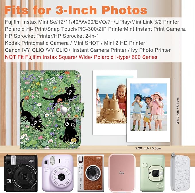 Fintie Mini Photos Album Book for 2x3 Inch Films - 52 Pockets Small Albums | For Fujifilm Instax Mini, Polaroid Hi-Print Pictures, Portable Kpop Photocard Holder, Travel Memory Book, Black Cats - Image 3