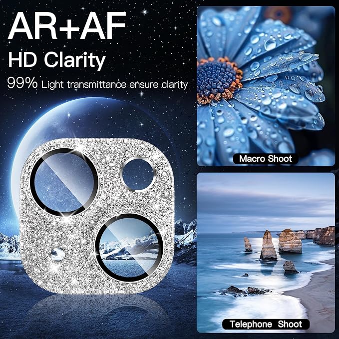 [2 Pack] Bling Camera Lens Screen Protector for iPhone 15/15 Plus with 9H Tempered Glass Aviation Aluminum Plate Cover Metal Ring,Night Circle,No Bubble,HD Clarity,Easy Installation-Glitter Silver - Image 6