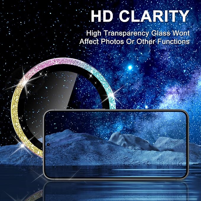 for Samsung Galaxy S24 Plus Camera Lens Protector, Individual Metal Ring Tempered Glass Lens Cover, [Strong Adsorption] Scratch Resistant Ultra-Thin HD Clear Lens Cover, 1 Set-Colorful Sparkly - Image 4