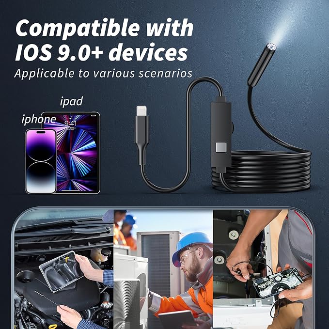 Endoscope Camera with Light, 1920P HD Borescope Tools with 8 Adjustable LED Lights, Endoscope with Semi-Rigid Snake Camera, Inspection Borescope for iOS - 16.3ft Single Line Single Lens（Not Android） - Image 6