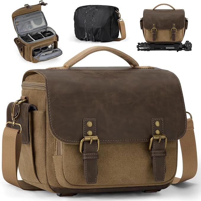 RAINSMORE Camera Bag, Vintage Canvas Camera Sling Bag Crossbody Camera Case | Water-resistant DSLR SLR Mirrorless Camera Bag for Photographer with Rain Cover & Tripod Holder for Sony Canon Nikon Fujifilm by RAINSMORE