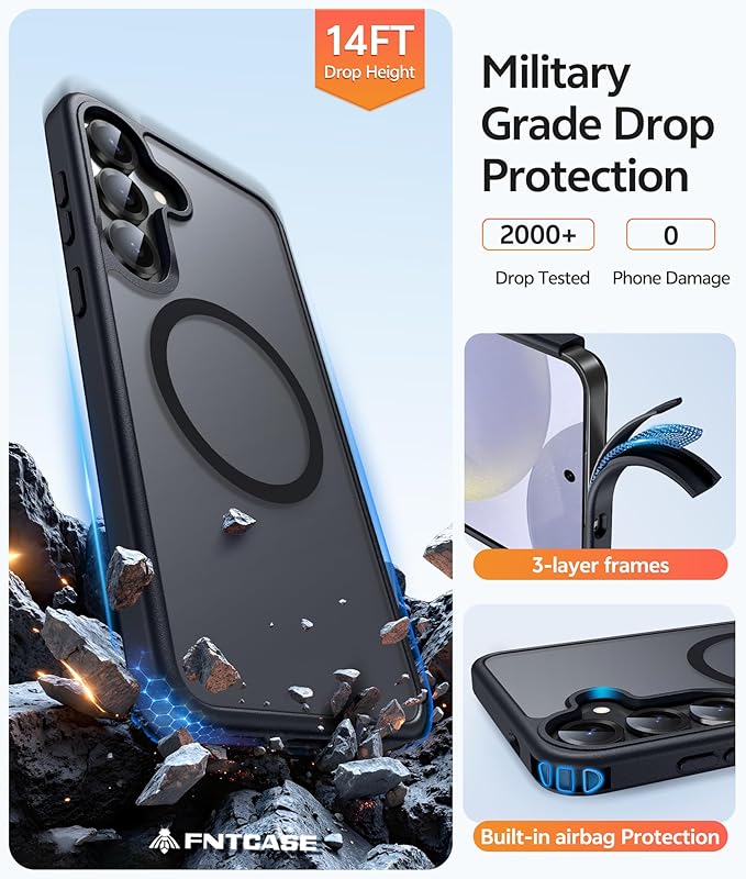FNTCASE for Samsung Galaxy S25/S24 Case, Fit for Magsafe, Screen Protector | Translucent Matte Magnetic Back, 14FT Military Grade Drop Protection, Shockproof Protective Phone Cover, Black - Image 5