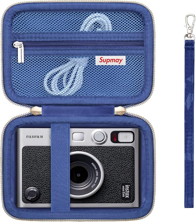 Carrying Case Compatible with Instax Mini EVO Instant Camera, INSTAX MINI EVO Camera Storage Holder Travel Bag with Mesh Pocket for Photos, USB Cables, Film, Blue by Supmay