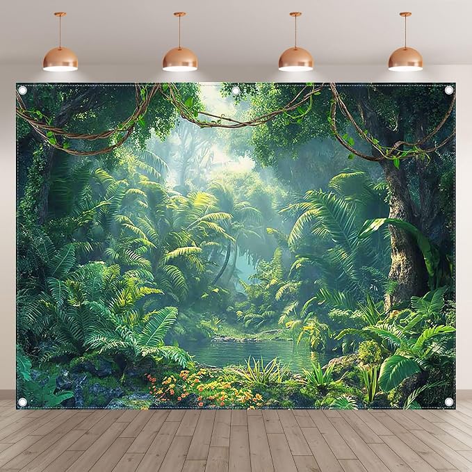 Fabric 8x6ft Jungle Forest Photography Backdrop Rainforest Banner | Tropical Natural Scenery River Background, Summer Adventure Party Decorations, Kids Adult Photo Props, Polyester, Grommets - Image 2