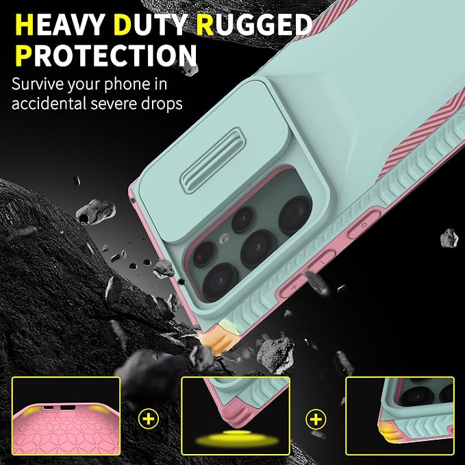 for Galaxy S22 Ultra Case with 1 HD Screen Protector & Slide Camera Cover [Military-Grade] Phone Case Heavy Duty Rugged Shockproof Protective Cover for Samsung Galaxy S22 Ultra(Cyan/Pink) - Image 3