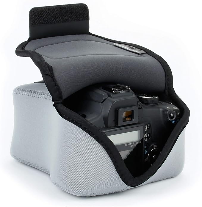 USA Gear Camera Sleeve (Medium) for Compact SLRs Compatible with Canon EOS R100 Nikon Z30 Sony ZV-E10, and more - Padded Neoprene DSLR Case with Zipper Accessory Pocket & Belt Loop (Gray) by USAGEAR