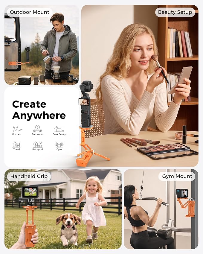 OMOTON TP02-Ultra Multi-Device Camera & Phone Mount with 1/4"Adapter Orange | Built-In 1/4" & Arca Base, Clamp, Magnetic & Tripod Setups for iPhone, Pocket/Action Cameras, Overhead & Low-Angle Filming - Image 5