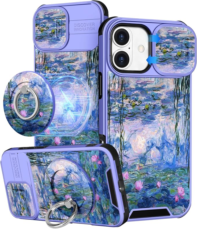 Buleens for iPhone 16 Case 6.1 Inch - with Ring Stand & Camera Cover Aesthetic Cute Designed for Women Girls Girly Pretty Kawaii Blue Water Lily Teens Phone Case for iPhone 16 Compatible with Magsafe by Buleens