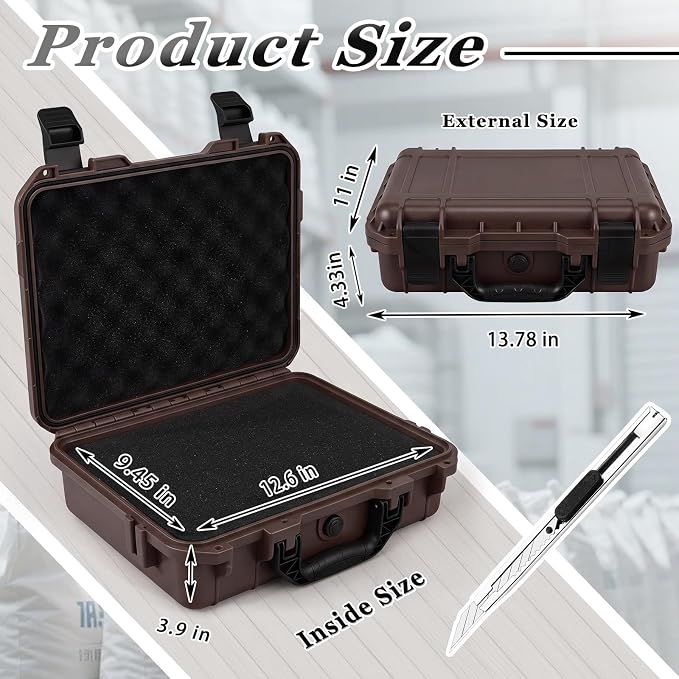 Relaxweex 1 Pcs Waterproof Hard Case with DIY Customizable Foam Insert Portable Protective Case with Knife for Camera Drones Equipments Tools Test Instruments(Brown,14.3 x 11.4 x 4.5 Inch) - Image 2