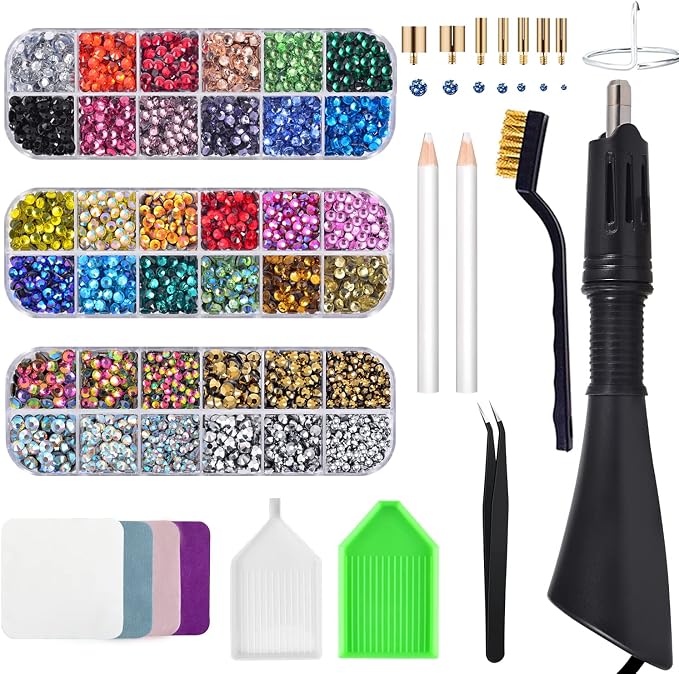 Epesl Bedazzler Kit with Rhinestones, Hot Fixed Gems Craft Applicator - Diamond Painting Pen, Wax Pencil, Tweezers, Tray, Cleaning Brush, Picker Rhinestones Crystals for DIY Clothes Shoes by EPESL