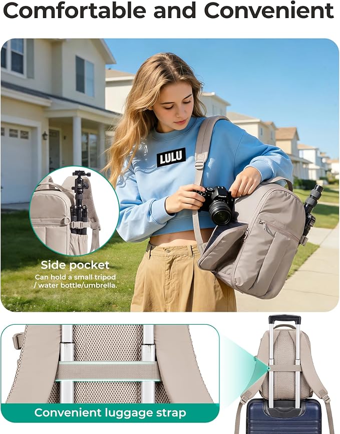 BAGSMART Small Camera Backpack for Women with Laptop Compartment, Black | Puffy Camera Bags for Photographers, DSLR/SLR/Mirrorless Photography Camera Case, Water-resistant Travel Backpack - Image 2