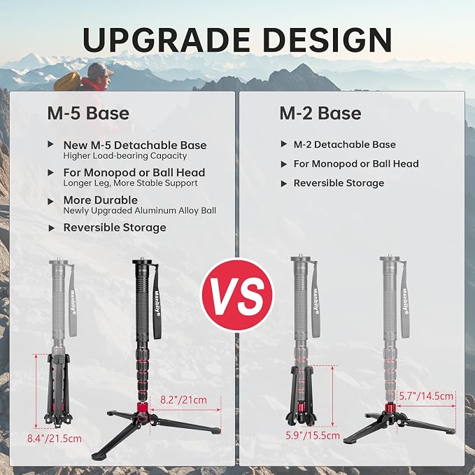 M-5 Tripod Base, Longer Desktop Tripod with Three Upgraded Extended-Leg, 3/8" Screw Monopod Stand Support for Ball Head/Fluid Head DSLR Camera Camcorder, Tilt 20° & Rotate 360° (Red) - Image 2