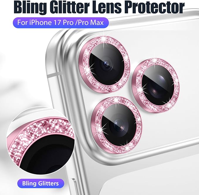 AGVEE 3+3 6 Pack for iPhone 17 Pro & Max Camera Lens Protector Cover | Individual Bling Diamond & Bling Glitter Sparkle Cute Gem Metal Ring, 9H Tempered HD Glass - Image 5