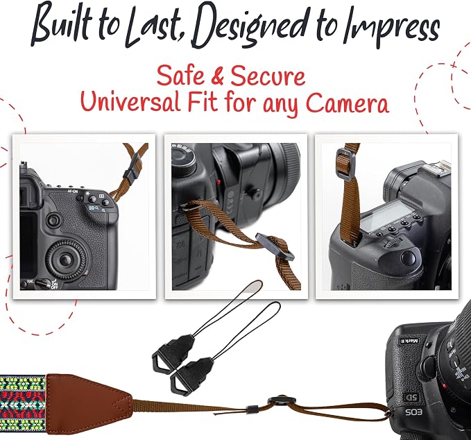 Art Tribute Camera Strap - Shoulder, Crossbody & Neck Camera Strap for Photographers, Fits All Cameras, Canon Nikon Sony Fujifilm, Padded Strap W/Quick Release, Embroidered Cotton & Leather Ends - Image 7